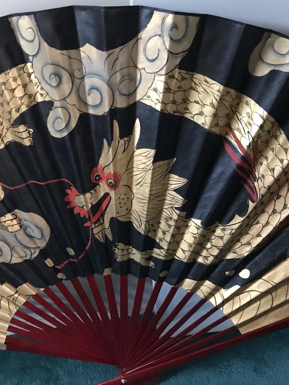Black and Gold Dragon Folding Fan with Red Accents 6 Ft.